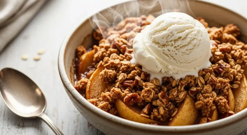A close-up of a freshly baked healthy apple crisp in a rustic ceramic bowl, topped with a melting scoop of vegan vanilla ice cream. The golden-brown oat and pecan topping is crisp, revealing tender cinnamon apples beneath, all on a distressed wooden surface.