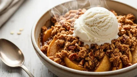 A close-up of a freshly baked healthy apple crisp in a rustic ceramic bowl, topped with a melting scoop of vegan vanilla ice cream. The golden-brown oat and pecan topping is crisp, revealing tender cinnamon apples beneath, all on a distressed wooden surface.
