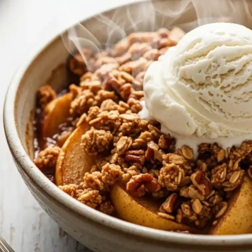 A close-up of a freshly baked healthy apple crisp in a rustic ceramic bowl, topped with a melting scoop of vegan vanilla ice cream. The golden-brown oat and pecan topping is crisp, revealing tender cinnamon apples beneath, all on a distressed wooden surface.