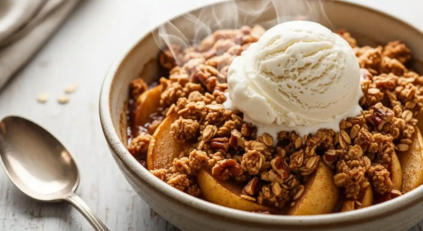 A close-up of a freshly baked healthy apple crisp in a rustic ceramic bowl, topped with a melting scoop of vegan vanilla ice cream. The golden-brown oat and pecan topping is crisp, revealing tender cinnamon apples beneath, all on a distressed wooden surface.