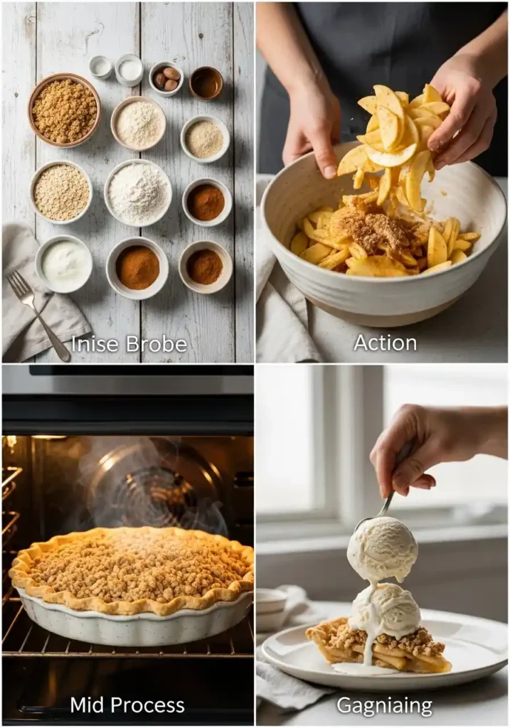 A four-panel collage illustrating the step-by-step preparation of an apple crisp pie. The first panel shows a flat lay of oats, flour, brown sugar, and cinnamon ingredients for the crumble topping. The second panel is a close-up of hands gently tossing thinly sliced apples with spices and butter in a ceramic bowl. The third panel displays an apple crisp pie with a golden-brown crumble topping baking inside a warm oven. The fourth panel features a hand carefully garnishing a slice of the finished apple crisp pie with a scoop of melting vanilla ice cream and a sprig of mint on a white plate.