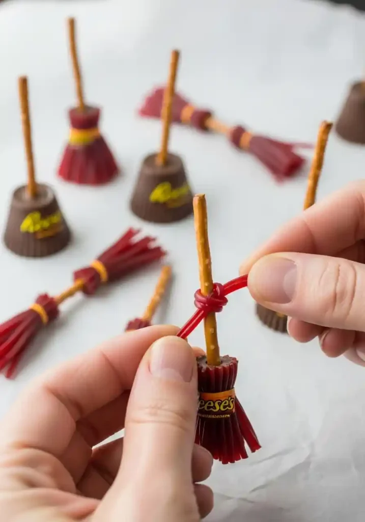 Hands tying a piece of licorice around a pretzel and Reese's cup to create a Witch's Broom treat.