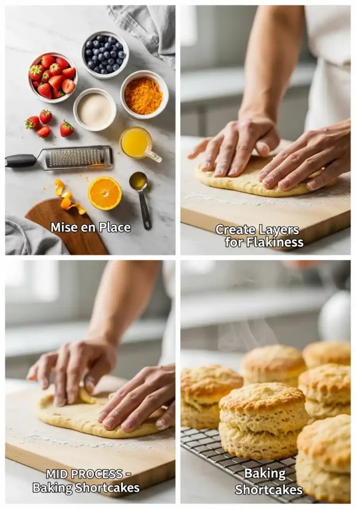 A four-panel visual guide for blueberry strawberry shortcake. The top-left panel shows fresh strawberries, blueberries, sugar, orange zest, and orange juice arranged for mise en place. The top-right panel features hands folding shortcake dough for flakiness on a wooden board. The bottom-left panel displays several baked golden-brown shortcakes cooling on a wire rack. The bottom-right panel depicts hands carefully plating a shortcake with berries, whipped cream, and a dusting of powdered sugar.
