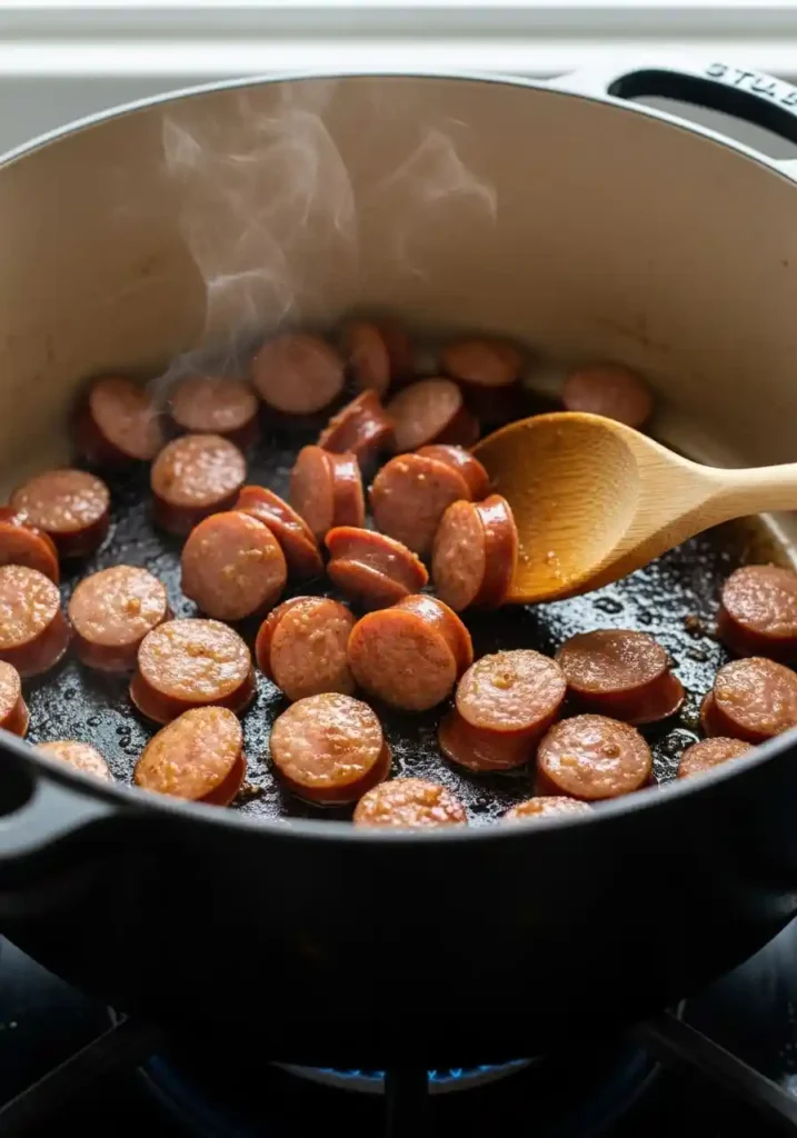 Sliced andouille sausage browning in a Dutch oven to build flavor for Cajun potato soup.