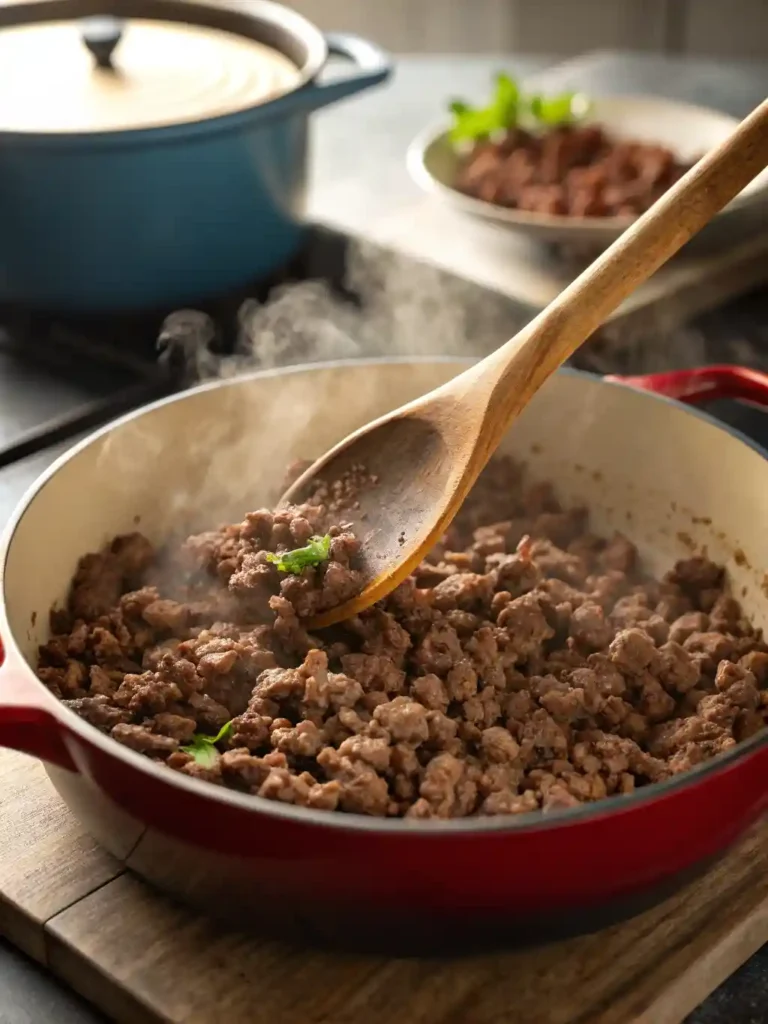 Browning ground beef in a Dutch oven for hamburger potato soup.