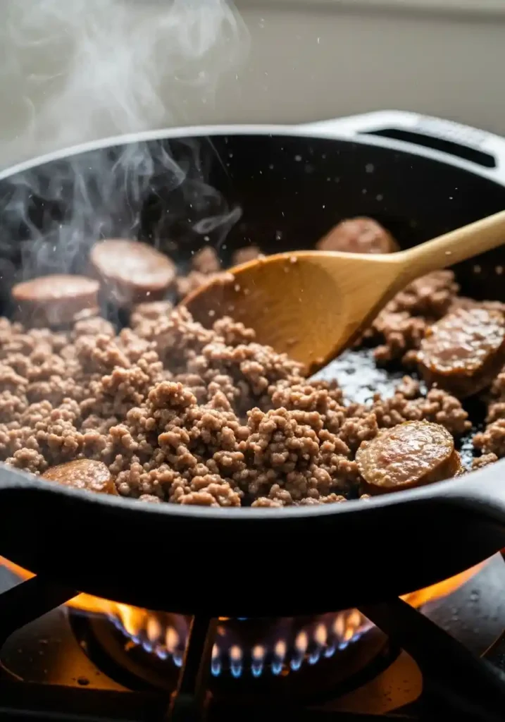Ground beef and Italian sausage browning in a hot cast-iron skillet with a wooden spoon.