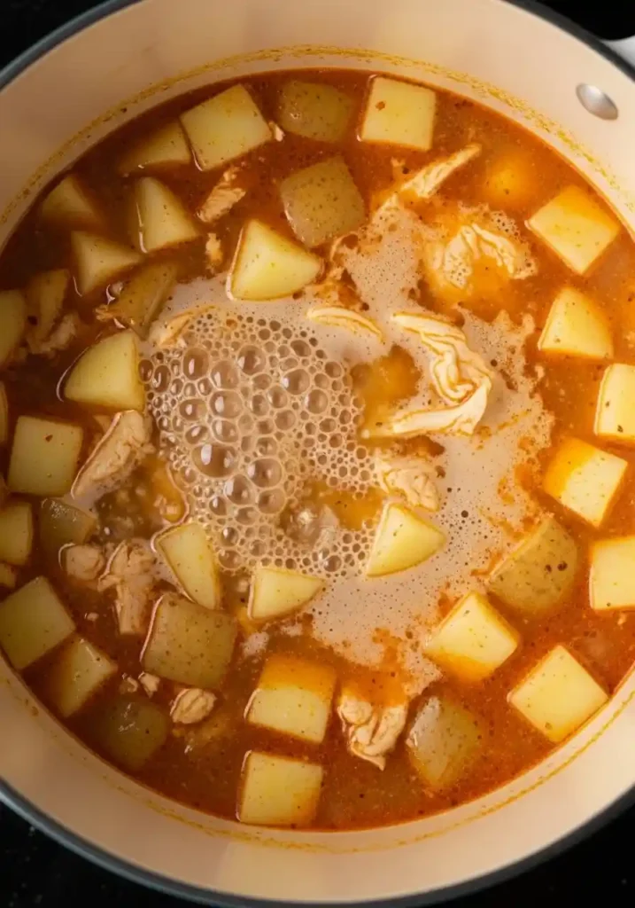 Cajun potato soup simmering in a pot before the cream and cheese are added.
