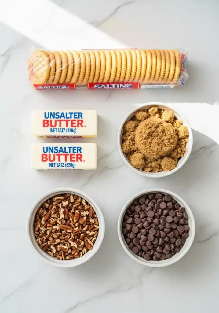 Ingredients for Christmas Crack recipe laid out on a marble surface: saltines, butter, brown sugar, chocolate chips, and pecans.