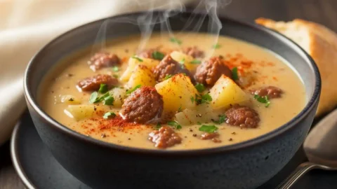A rustic bowl filled with creamy and spicy Cajun potato soup, garnished with fresh parsley.