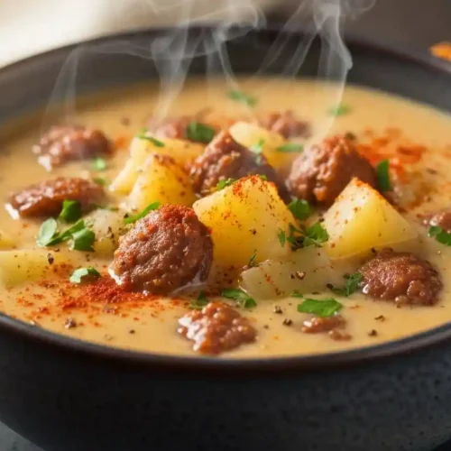 A rustic bowl filled with creamy and spicy Cajun potato soup, garnished with fresh parsley.