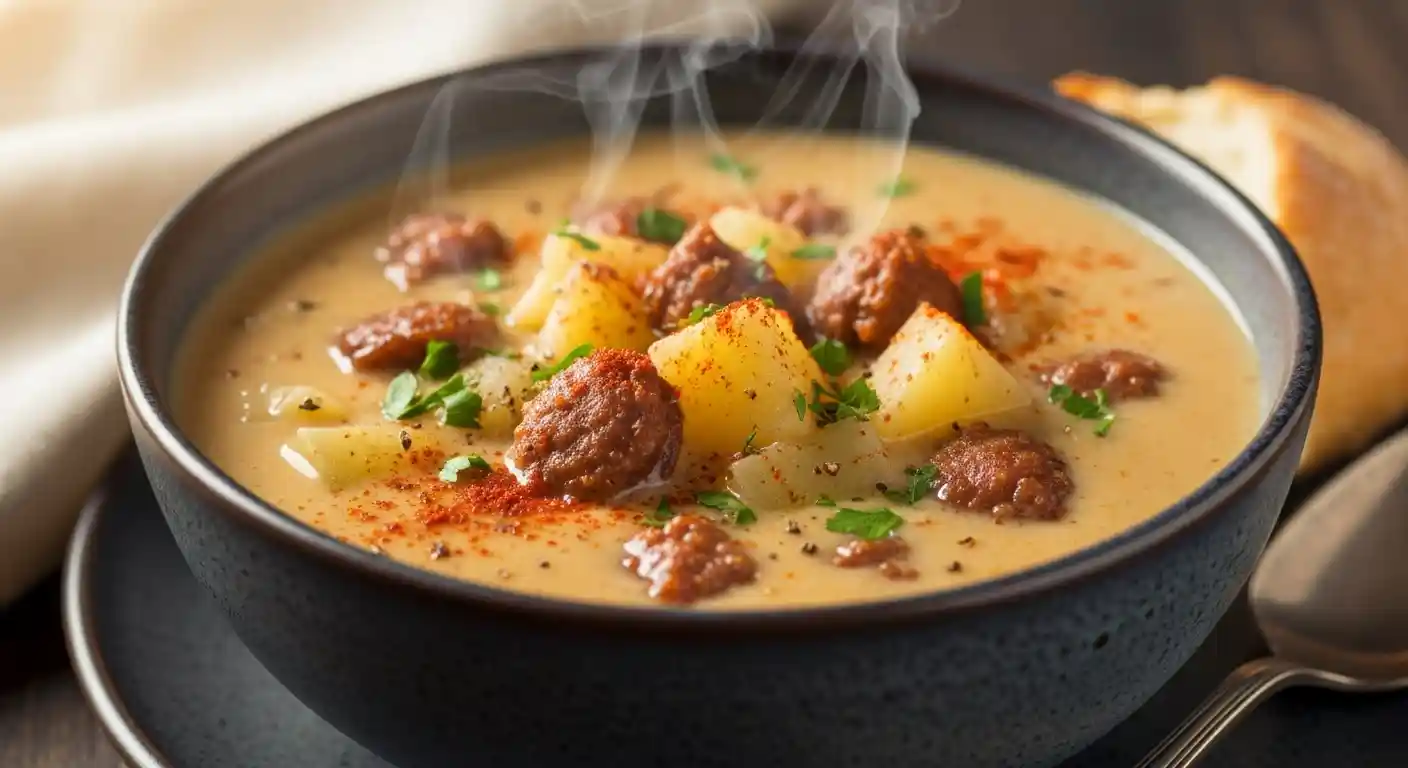 A rustic bowl filled with creamy and spicy Cajun potato soup, garnished with fresh parsley.