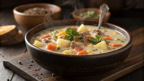 A close-up shot of a bowl of creamy hamburger potato soup, garnished with fresh parsley.