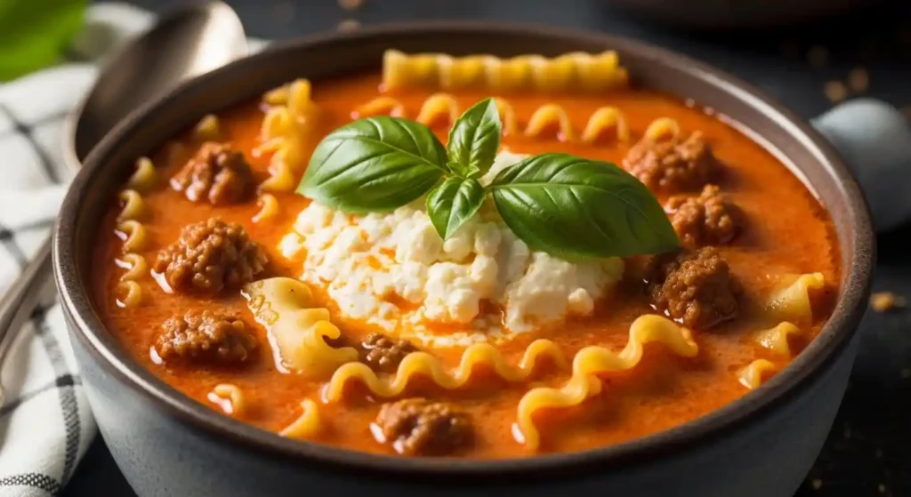 A close-up of a rustic bowl filled with creamy slow cooker lasagna soup, topped with a large dollop of ricotta cheese mixture and fresh basil.