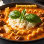 A close-up of a rustic bowl filled with creamy slow cooker lasagna soup, topped with a large dollop of ricotta cheese mixture and fresh basil.
