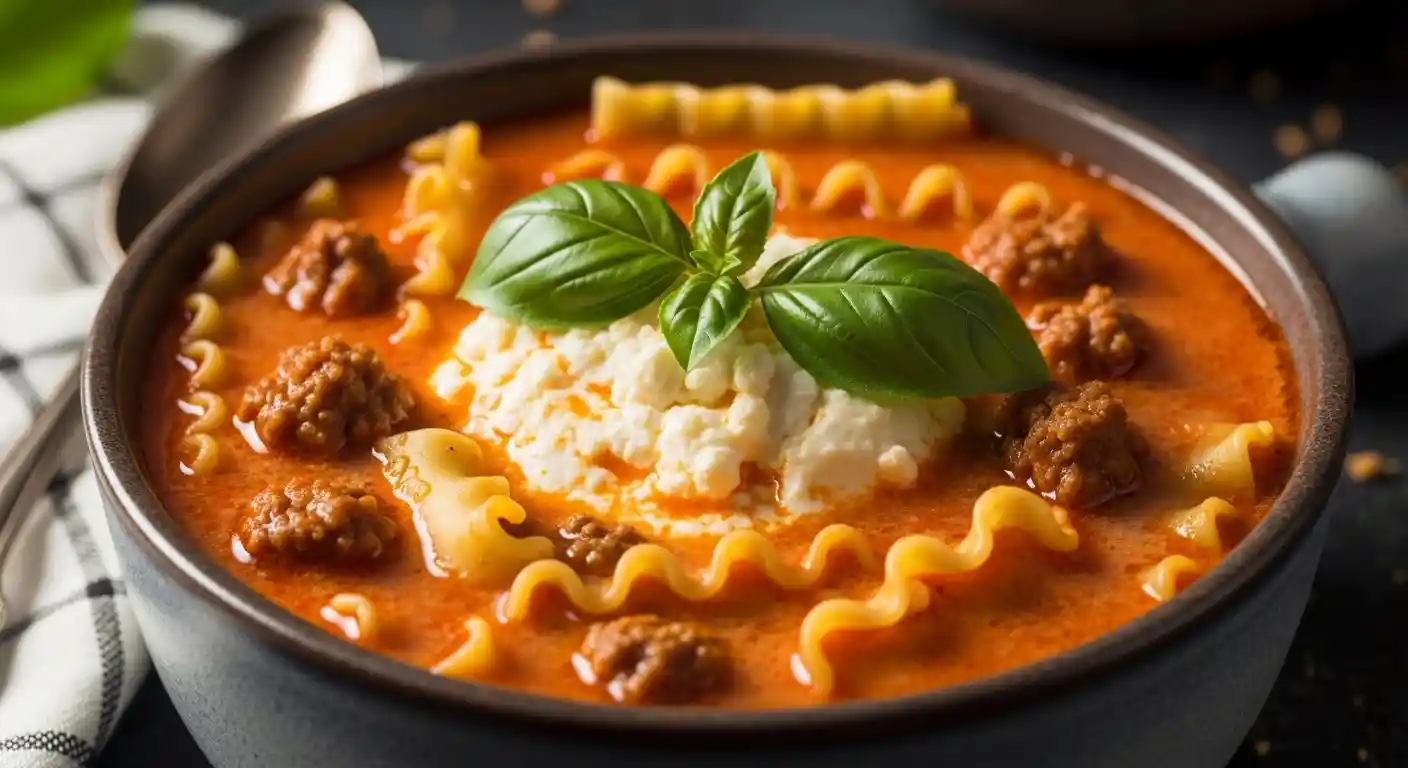 A close-up of a rustic bowl filled with creamy slow cooker lasagna soup, topped with a large dollop of ricotta cheese mixture and fresh basil.