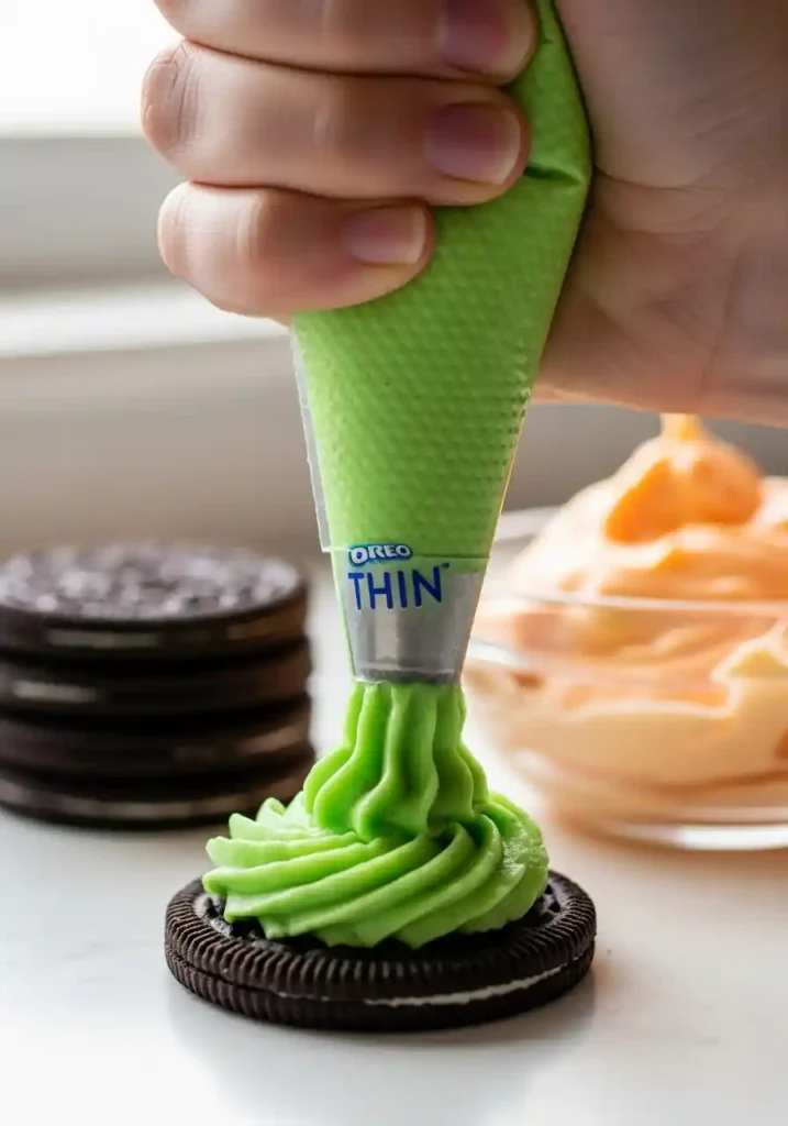 A close-up of green frosting being piped onto an Oreo cookie to make a Witch's Hat treat.