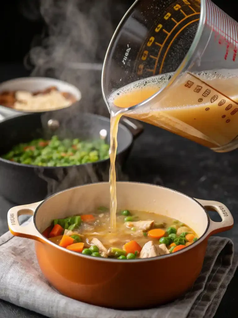 Pouring chicken broth into the pot to deglaze and create the soup base.