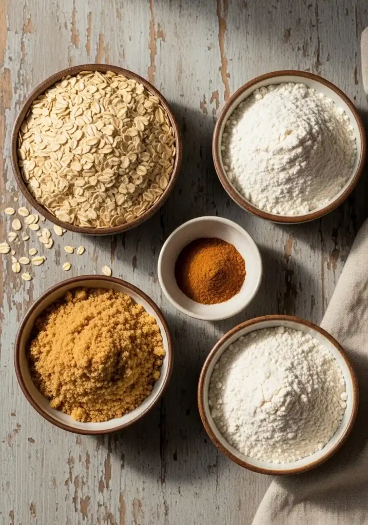 A flat lay image displaying the dry ingredients for an apple crisp crumble topping: old-fashioned rolled oats, all-purpose flour, light brown sugar, and ground cinnamon, neatly arranged in small ceramic bowls on a rustic wooden background.