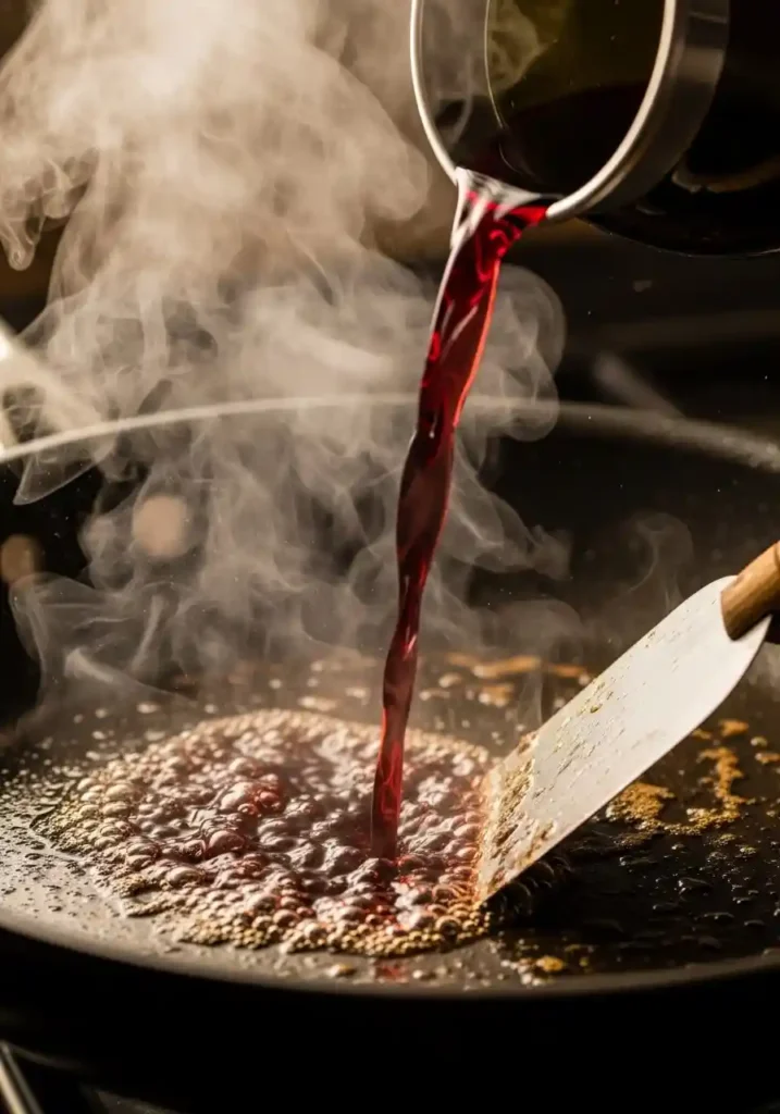 Deglazing a hot skillet with red wine to lift the browned bits from the bottom of the pan.