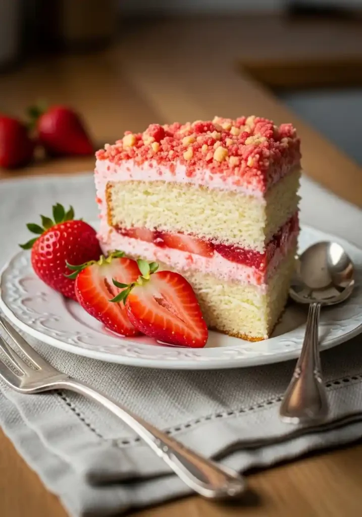 A vibrant slice of Strawberry Crunch Cake sits on a white plate, showcasing layers of vanilla cake, pink strawberry frosting, and a generous strawberry crunch topping. Fresh halved strawberries and a silver fork are placed beside the cake on a linen napkin against a warm, blurred background.