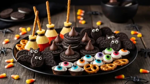 A large platter filled with a variety of easy Halloween treats, including Witch's Hats, Bat Bites, and Monster Eyes, ready for a party.