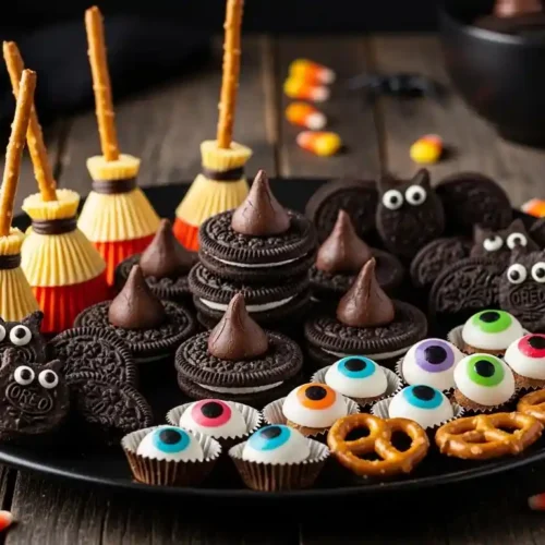 A large platter filled with a variety of easy Halloween treats, including Witch's Hats, Bat Bites, and Monster Eyes, ready for a party.