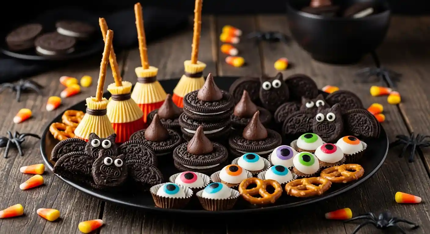 A large platter filled with a variety of easy Halloween treats, including Witch's Hats, Bat Bites, and Monster Eyes, ready for a party.