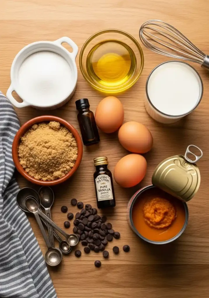 A flat lay photo of ingredients for pumpkin chocolate chip bread on a rustic wooden surface, including granulated sugar, brown sugar, vegetable oil, three eggs, vanilla extract, canned pumpkin puree, whole milk, and chocolate chips, accompanied by a whisk and measuring spoons.