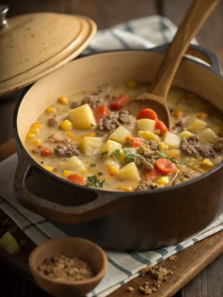 Finished creamy hamburger potato soup simmering in a large pot before serving. Cooked hamburger potato soup in a Crockpot on the Slow Cooker setting.