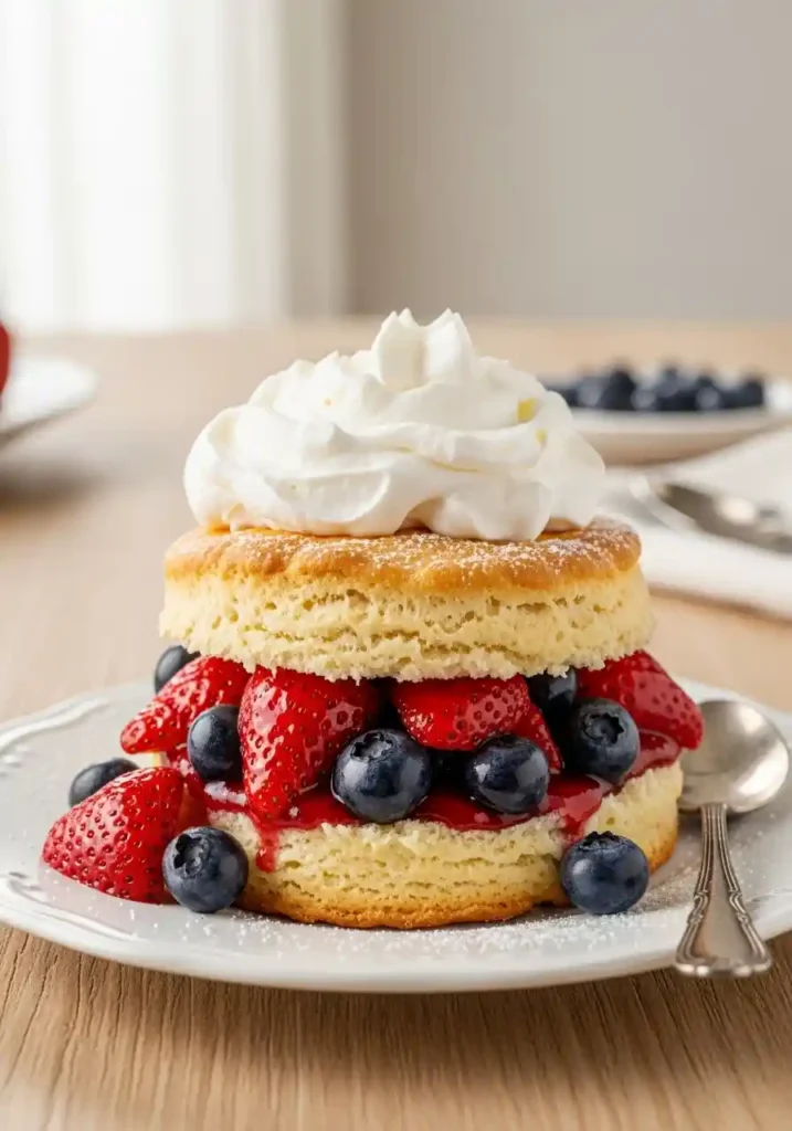 A close-up shot of a single serving of blueberry strawberry shortcake on a white ceramic plate, featuring a split biscuit revealing flaky layers, generous whipped cream, and abundant fresh blueberries and sliced strawberries. It's garnished with a mint sprig and powdered sugar.