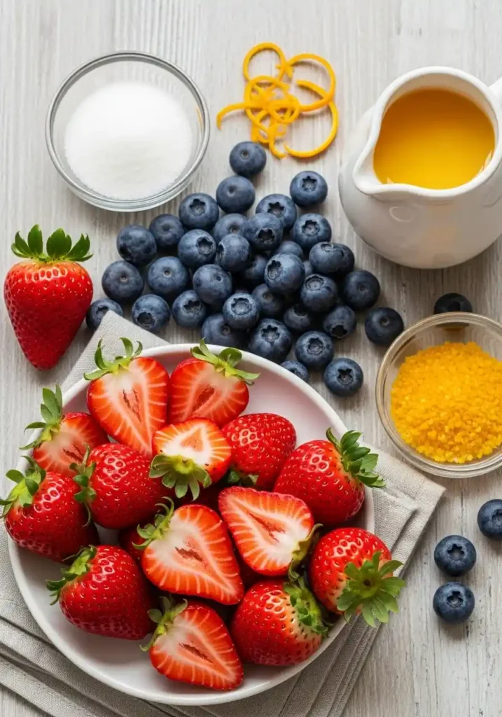 A bright, overhead flat lay photograph showcasing fresh ingredients for blueberry strawberry shortcake. The arrangement features vibrant red quartered strawberries, plump blue blueberries, white granulated sugar in a small bowl, orange zest, and a small jug of orange juice, all neatly arranged on a light wooden surface.