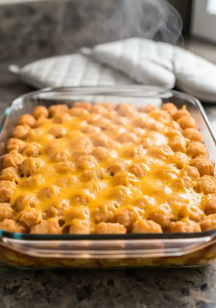 The finished tater tot breakfast casserole, golden-brown and bubbly, fresh out of the oven.