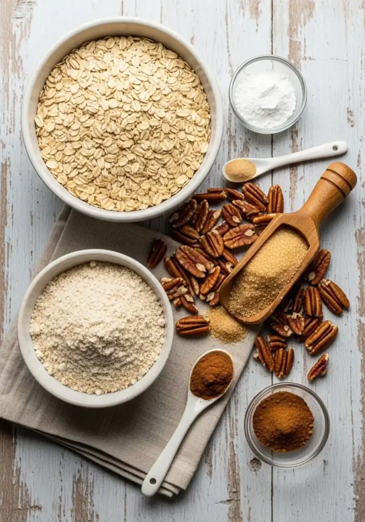 A top-down flat lay displaying the key dry ingredients for a healthy apple crisp, including old-fashioned rolled oats, gluten-free oat flour blend, coconut sugar in a wooden scoop, chopped raw pecans, ground cinnamon in a spoon, and cornstarch or arrowroot powder in a small ramekin, all arranged on a light wooden surface.