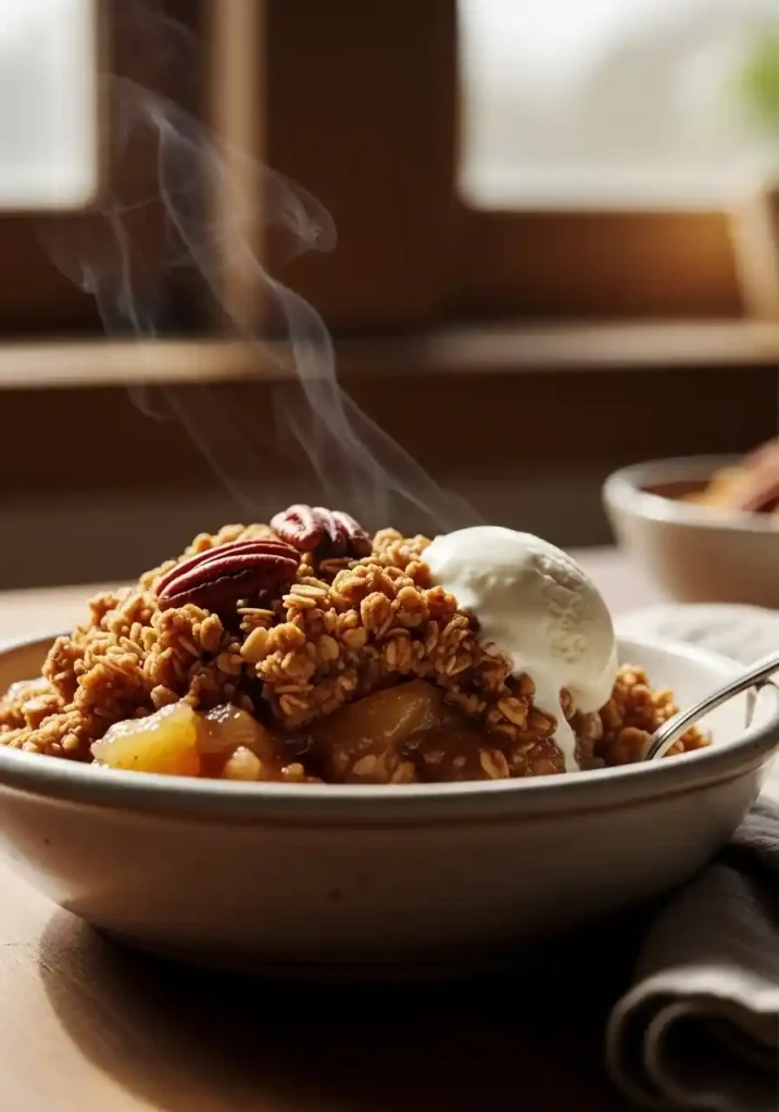 Close-up of a warm, golden-brown healthy apple crisp in a rustic ceramic bowl, topped with a melting scoop of vanilla coconut cream. The image highlights the crispy oat topping and the bubbling, thick apple filling.