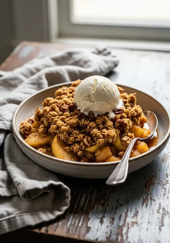 A close-up of a warm, golden-brown Healthy Apple Crisp serving in a rustic ceramic bowl, revealing a textured oat and pecan topping and tender apple filling, with a scoop of melting vanilla bean dairy-free ice cream on top. It sits on a distressed wooden surface beside a crinkled linen napkin.