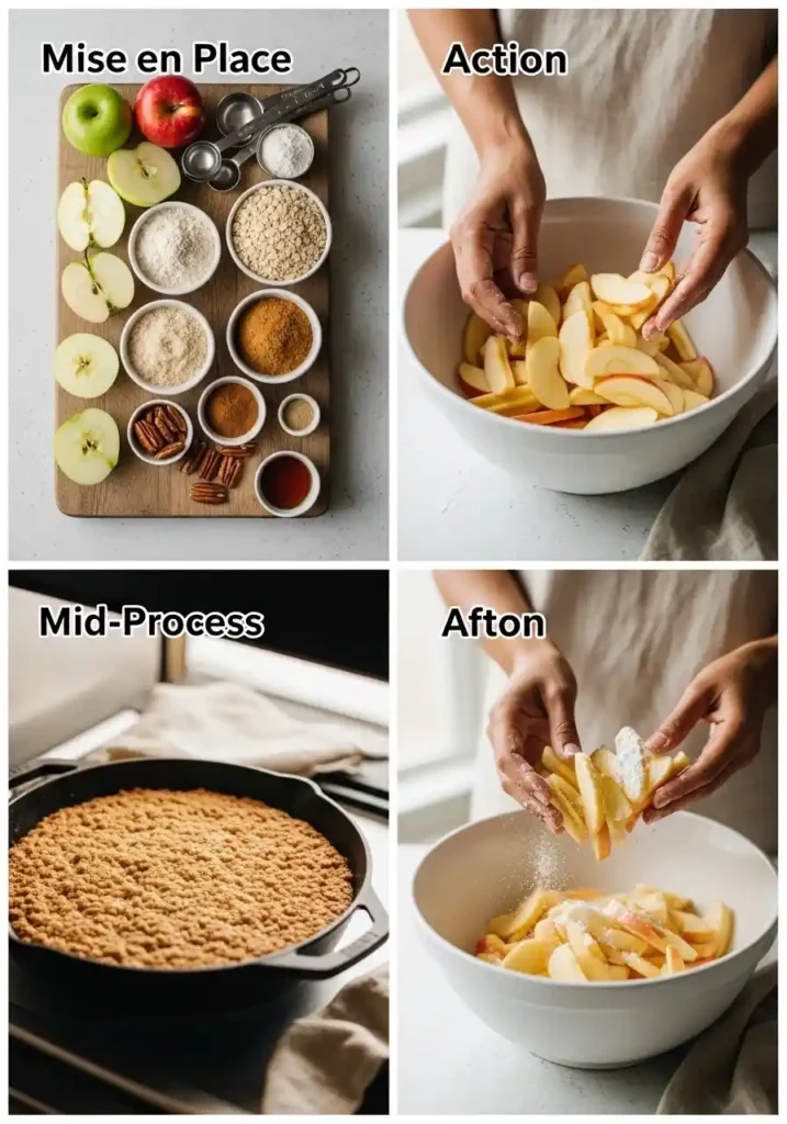 A four-panel process collage for healthy apple crisp, visually detailing key recipe steps. The top-left panel shows a flat lay of ingredients: sliced apples, oat flour, rolled oats, coconut sugar, pecans, cinnamon, and maple syrup on a rustic wood surface. The top-right panel captures hands tossing apples with cornstarch in a bowl. The bottom-left panel features a golden-brown apple crisp bubbling in a cast iron skillet, baking in an oven. The bottom-right panel displays a hand scooping warm apple crisp into a ceramic bowl, garnished with mint. This image highlights the refined sugar-free, gluten-free dessert preparation.
