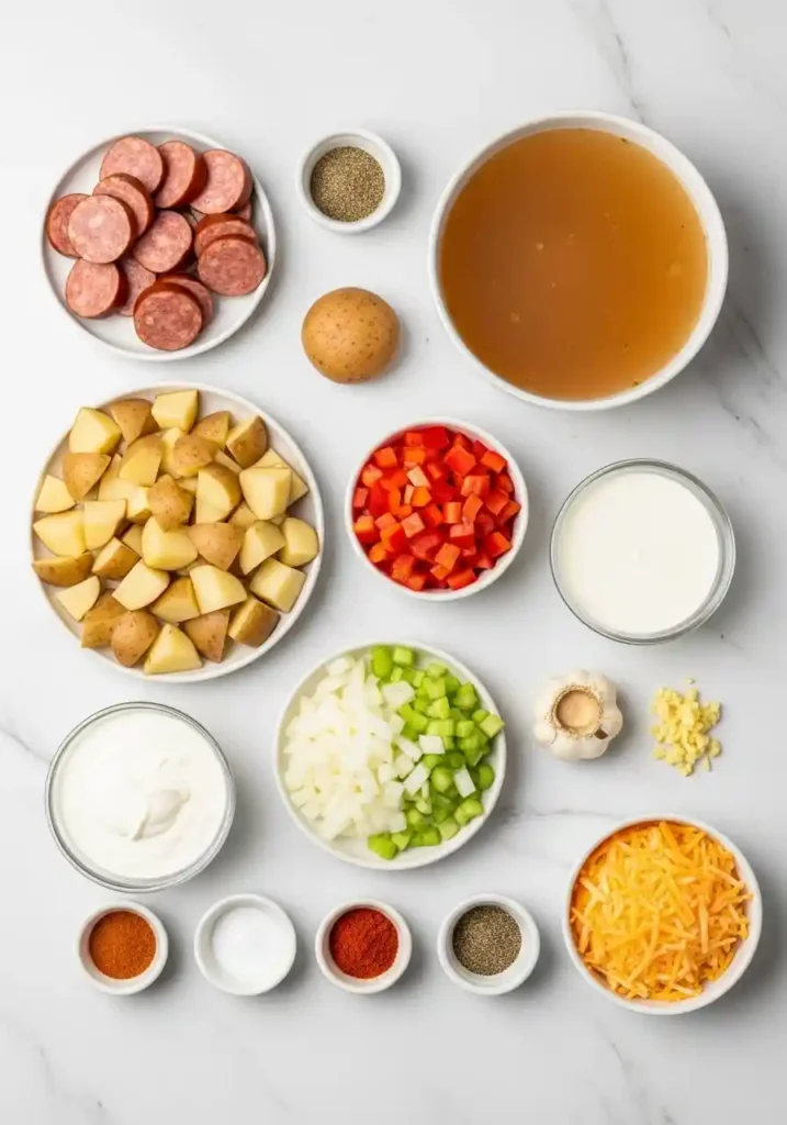 A flat lay of all the fresh ingredients needed to make Cajun potato soup.
