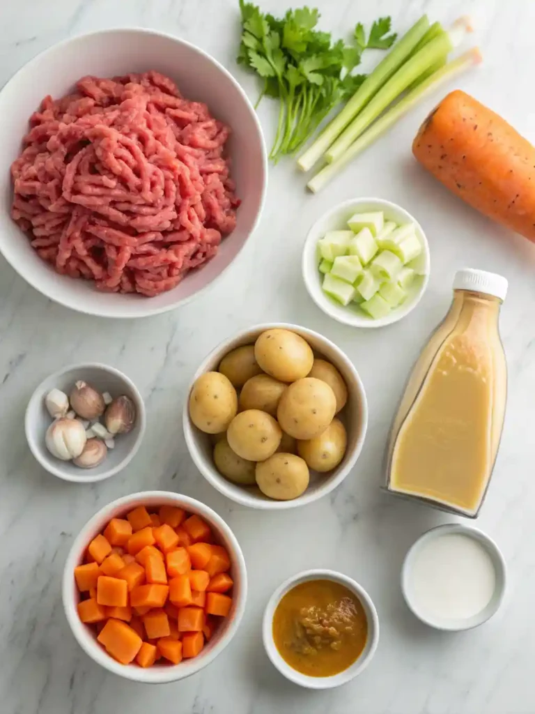 Ingredients for creamy hamburger potato soup arranged neatly on a countertop.