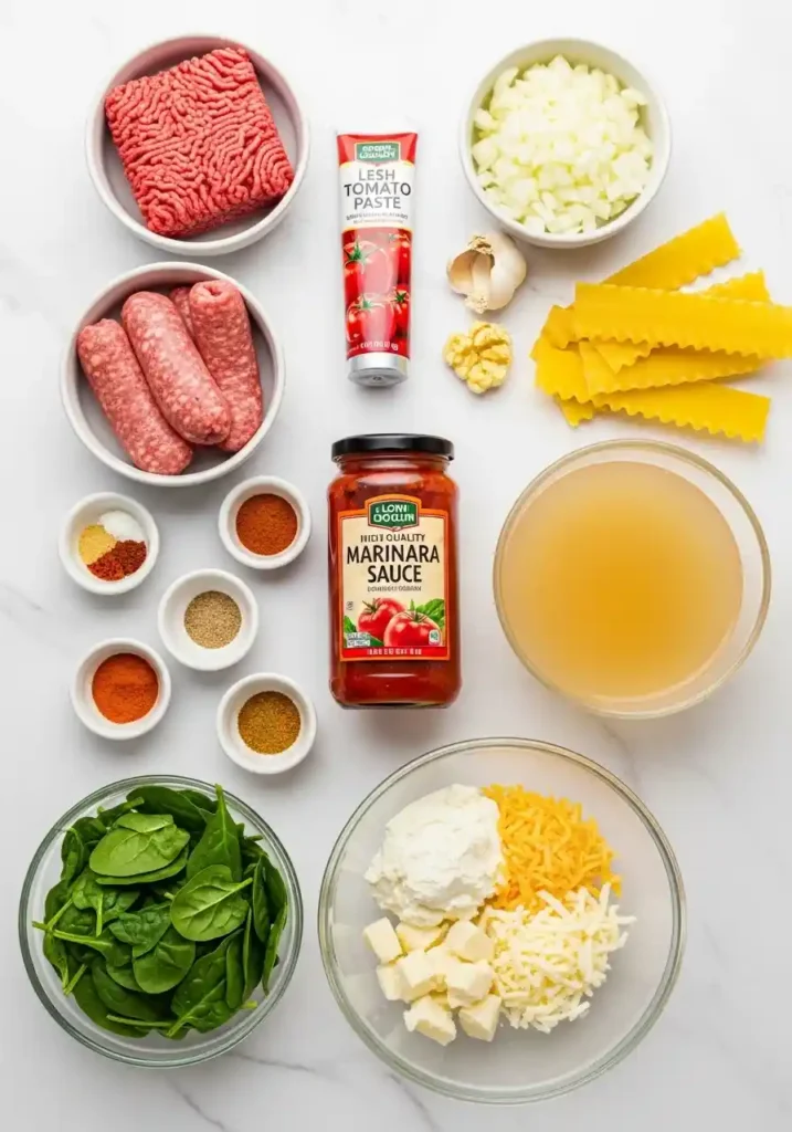 A flat lay of all the ingredients needed for slow cooker lasagna soup arranged on a marble countertop.