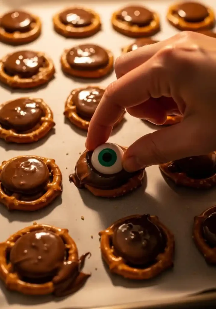 A hand pressing a large candy eyeball into a melted Rolo on a pretzel snap to create a Monster Eye.