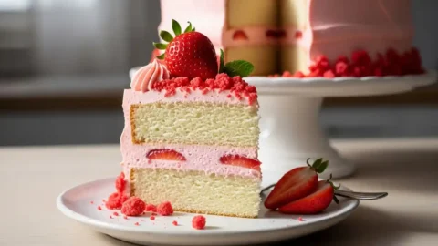A vibrant hero shot featuring a slice of Strawberry Crunch Cake on a white ceramic plate, revealing moist vanilla cake layers, pink strawberry buttercream, and crunchy strawberry topping. Fresh strawberries and extra crunch crumbles garnish the plate, with the full cake softly blurred in the background.
