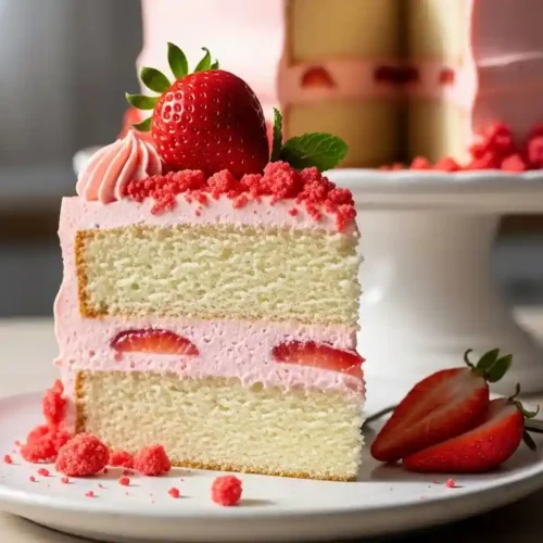 A vibrant hero shot featuring a slice of Strawberry Crunch Cake on a white ceramic plate, revealing moist vanilla cake layers, pink strawberry buttercream, and crunchy strawberry topping. Fresh strawberries and extra crunch crumbles garnish the plate, with the full cake softly blurred in the background.