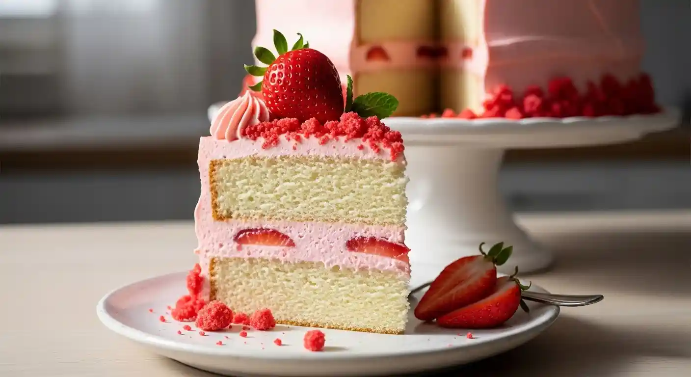 A vibrant hero shot featuring a slice of Strawberry Crunch Cake on a white ceramic plate, revealing moist vanilla cake layers, pink strawberry buttercream, and crunchy strawberry topping. Fresh strawberries and extra crunch crumbles garnish the plate, with the full cake softly blurred in the background.