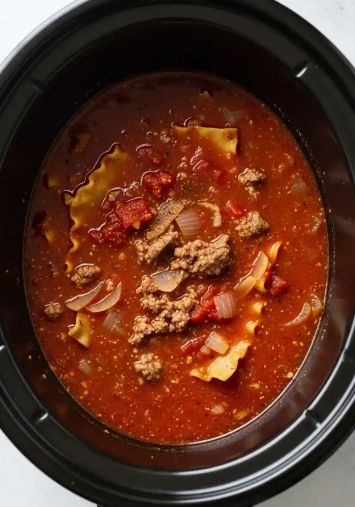 A top-down view of the lasagna soup base simmering in the slow cooker before the noodles are added.