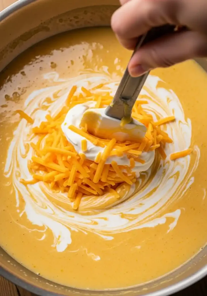 Finishing the Cajun potato soup by stirring in heavy cream and shredded cheddar cheese.