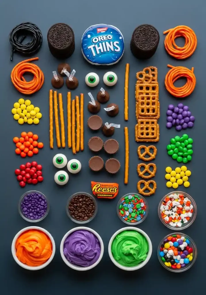 A flat lay of ingredients for easy Halloween treats, including Oreos, pretzels, chocolate candies, and candy eyeballs.