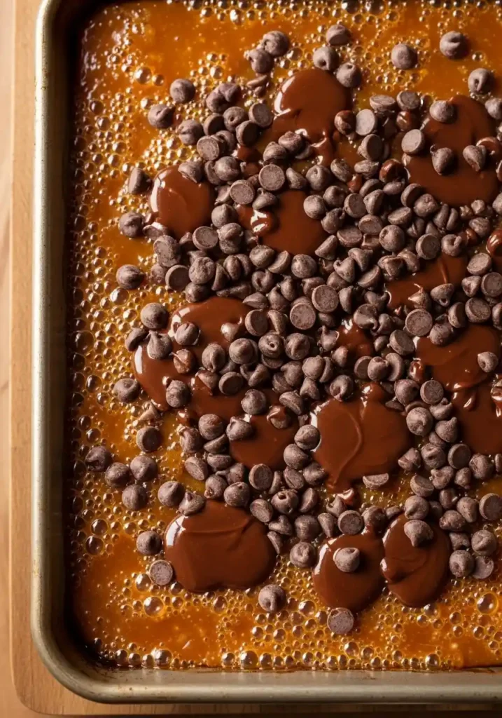 Semi-sweet chocolate chips melting on top of the hot toffee layer of Christmas Crack.
