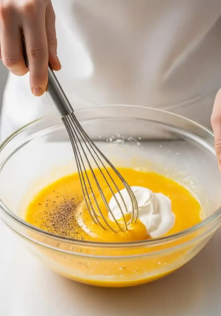 Whisking eggs, milk, and sour cream together in a large glass bowl to create the casserole's custard base.