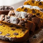 Close-up of several moist slices of pumpkin chocolate chip bread, dusted with powdered sugar, arranged on a rustic wooden cutting board with a blurred background.