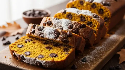 Close-up of several moist slices of pumpkin chocolate chip bread, dusted with powdered sugar, arranged on a rustic wooden cutting board with a blurred background.